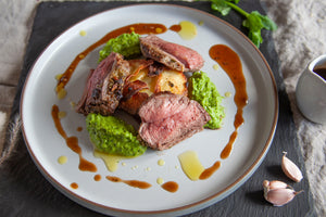 Lamb Rump with Pommes Anna, minted pea puree and lamb jus