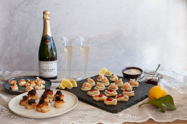 Fish Canape Quartet Gift includes a bottle of champagne and all the ingredients to make 4 delicious fish canapes