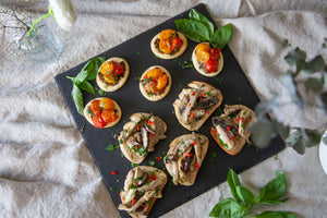 Wild Mushroom Crostini and Tomato Confit on Puff Pastry