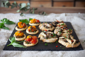 Wild Mushroom Crostini and Tomato Confit on Puff Pastry