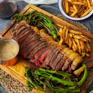UK ex-dairy sirloin steak served with tenderstem, beef dripping chip and pre-made peppercorn sauce
