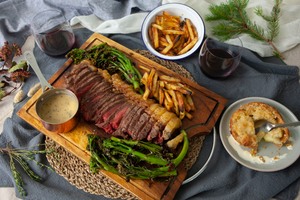 UK ex-dairy sirloin steak served with tenderstem, beef dripping chip and pre-made peppercorn sauce and apple crumble tart for dessert