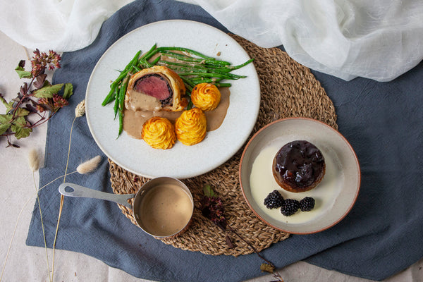 Venison wellington served with green beans, Pomme Ducheese and Marsala sauce with Ginger and Blackberry Pudding for dessert