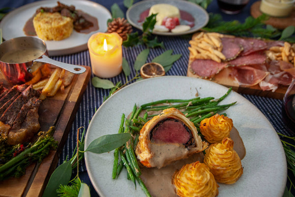 Venison wellington served with green beans, Pomme Ducheese and Marsala sauce