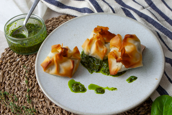 Spinach and Ricotta Filo Parcels served with a zesty spinach and parsley dressing