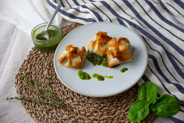 Spinach and Ricotta Filo Parcels served with a zesty spinach and parsley dressing
