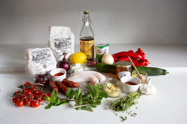 Monkfish and Chorizo Kebab Box ingredients, fresh and dried