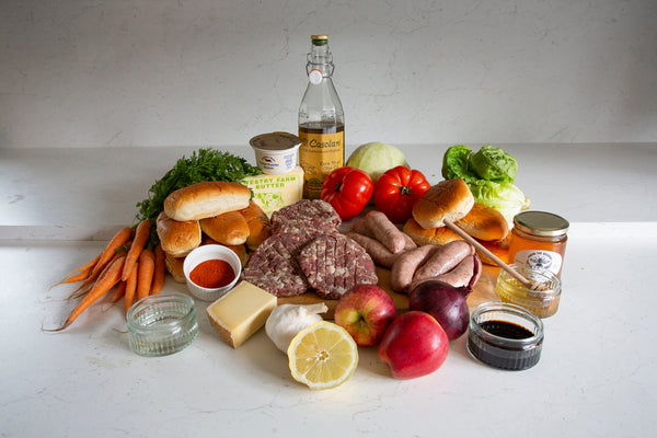 Fresh and dried ingredients that are supplied in The Burgers and Bangers Box