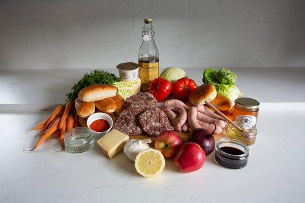 Fresh and dried ingredients that are supplied in The Burgers and Bangers Box