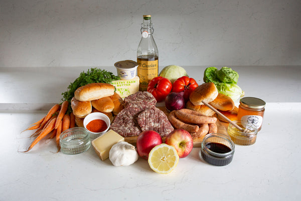 Fresh and dried ingredients that are supplied in The Burgers and Bangers Box