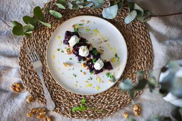 Beetroot and whipped goat's cheese served with candied walnuts