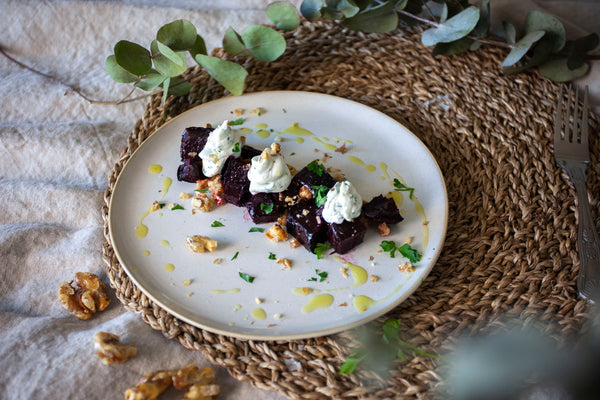 Beetroot and whipped goat's cheese served with candied walnuts