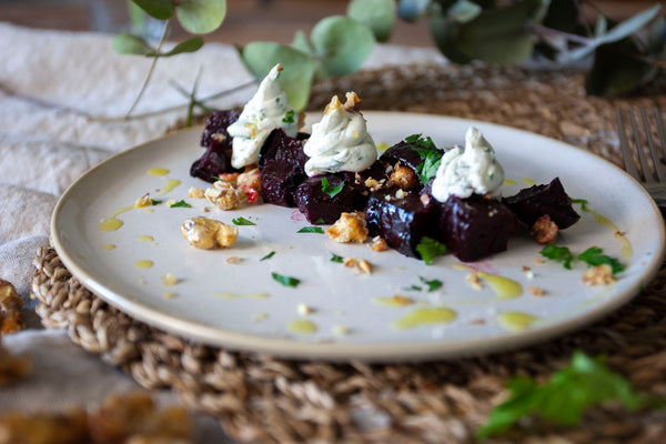 Beetroot and whipped goat's cheese served with candied walnuts