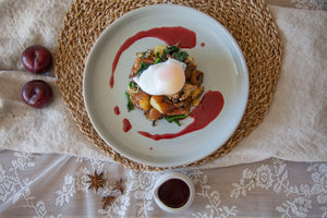 Duck Hash with Plum Sauce and Poached Duck Egg