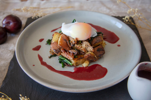 Duck Hash with Plum Sauce and Poached Duck Egg