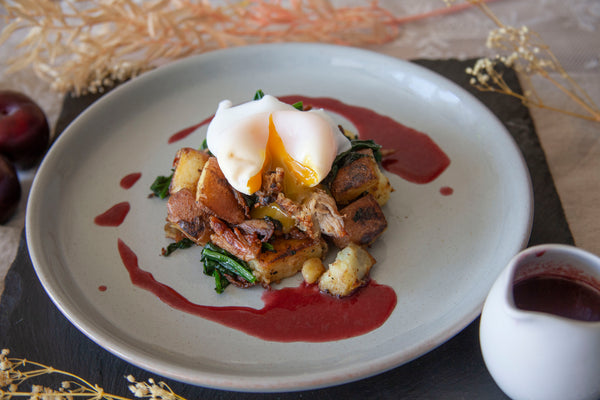 Duck Hash with Plum Sauce and Poached Duck Egg